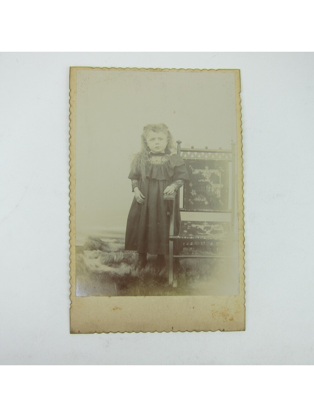 Cabinet Card Photograph Girl Black Dress Stands Next to Chair Antique